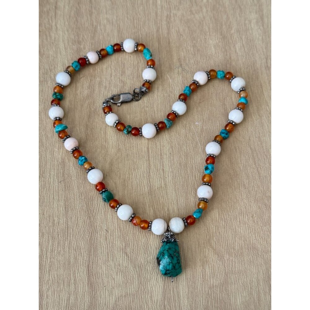 Vintage Tiger Eye Beaded Necklace Turquoise Pendant 32 Inches Stone Metal - Picture 10 of 11